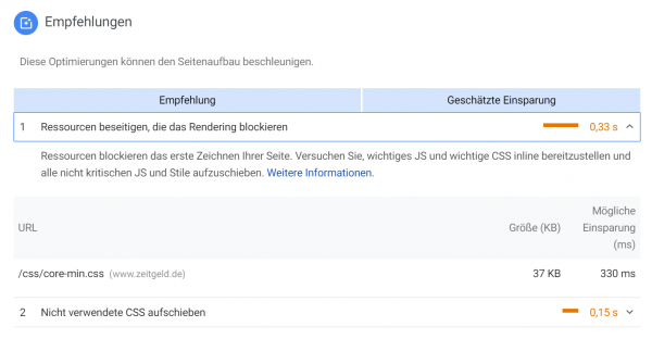 PageSpeed Insight Empfehlung